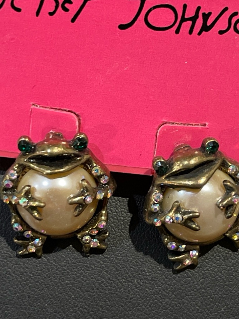 Betsey Johnson Gold Frog Pearl & Rhinestone Clip-On Earrings